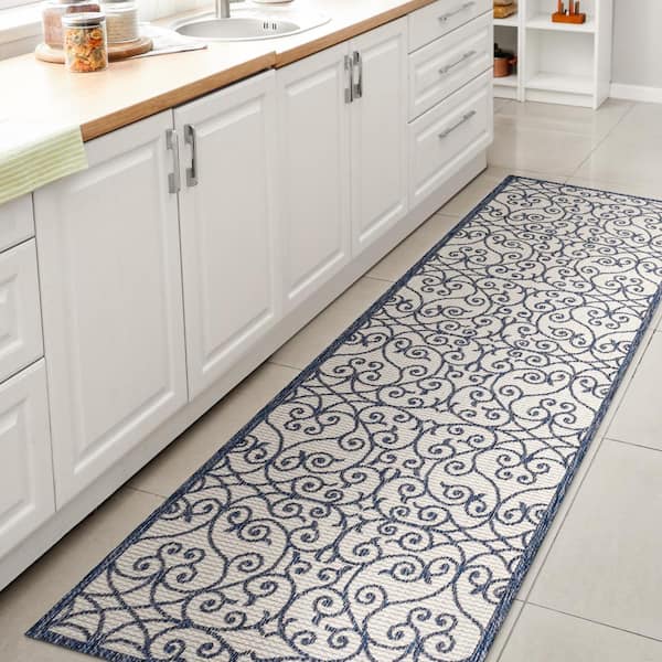 JONATHAN Y Madrid Vintage Filigree Textured Weave Cream/Blue 2 ft. x 8 ft. Indoor/Outdoor Area Rug