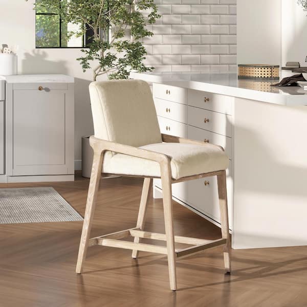 Arizona 25.5 in. Solid Ash Wood Upholstered Counter Stool with Rope Detail in Creme de la Creme White Faux Fur