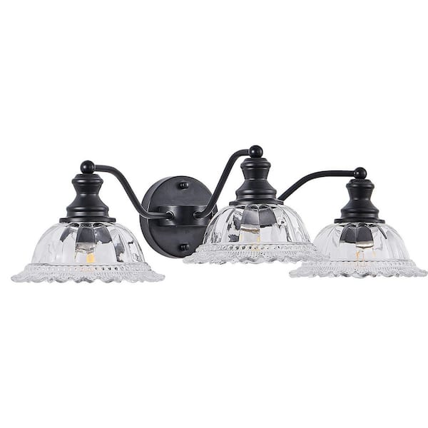 24 in. 3-Light Black Vintage Bathroom Vanity Light with Elegant Petal Glass Lampshade (Bulb Not Included)