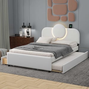 White Wood Frame Full Size Platform Bed with LED, Trundle and USB Ports