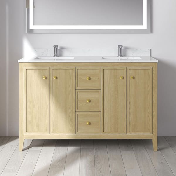 Fluctus 54 in. W x 22 in. D x 35 in. H Double Sink Freestanding Bath Vanity in Oak with Calacatta Cultured Marble Top