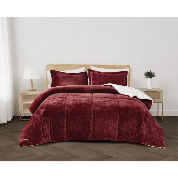Carved Faux Fur Polyester Red King 3 Piece Comforter Set