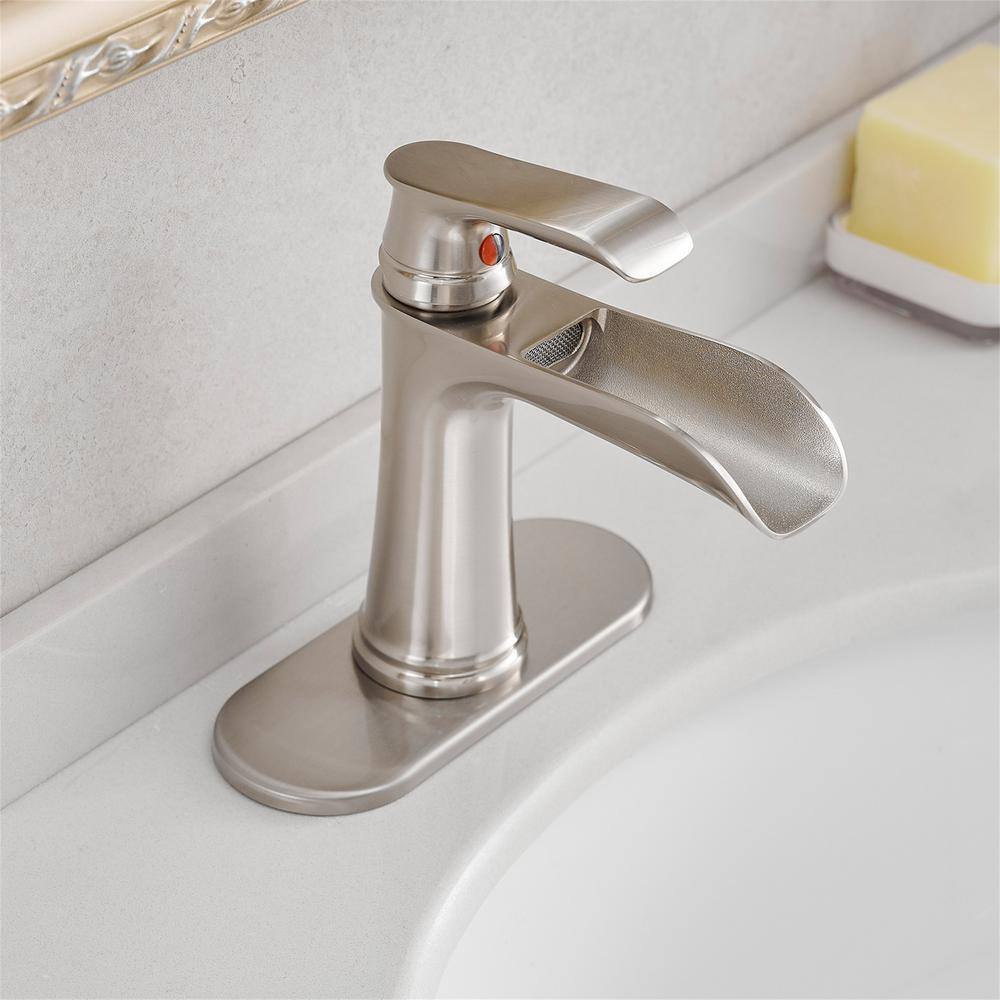 Brushed Nickel Single Handle Waterfall Bathroom Faucet with Pop-Up Drain