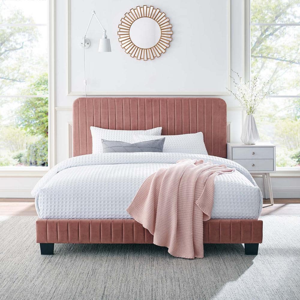 Dusty Rose Channel Tufted Velvet Full Platform Bed