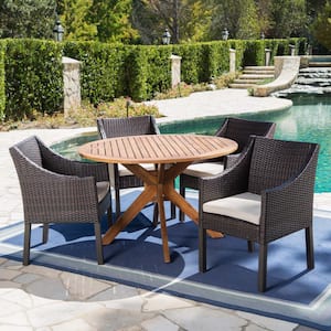 Owen Multi-Brown 5-Piece Faux Rattan Outdoor Dining Set with Beige Cushions
