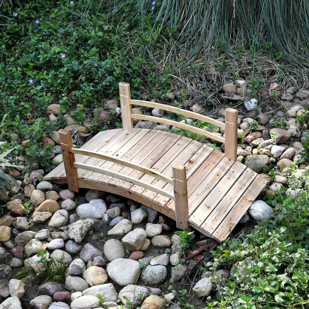 Natural Cedar Wood 4-Foot Garden Bridge with Handle Rails
