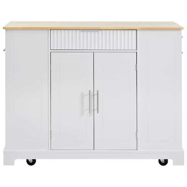 Oasis White Wood 48.5 in. Kitchen Island with Trash Can Storage Cabinet, Power Outlet, Internal Storage Rack