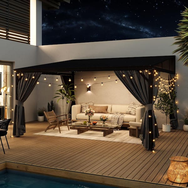 12 ft. x 14 ft. Hardtop Wall Mounted Gazebo with Sloping Galvanized Steel Roof, Wall Pergola with Aluminum Frame