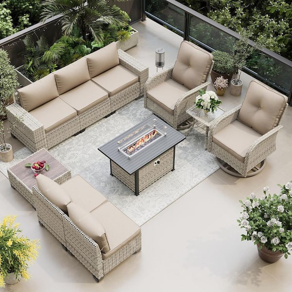 10-Piece Wicker Patio Conversation Set with Fire Pit Table and Top Table Swivel Rocking Chairs with Beige Cushions