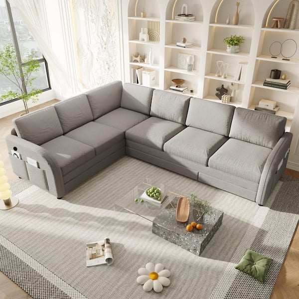 Mercy 115.2 in. Light Grey Teddy Fabric Upholstery King Size Sofa Bed with Pull-Out Bed, Side Pockets, USB Port