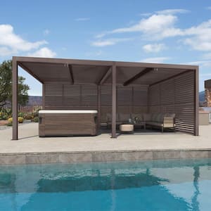 12 ft. x 20 ft. Bronze Aluminum Louvered Pergola with 4 Individual Sunshade Roofs and 1-Long 1-Short Side Shutter Wall