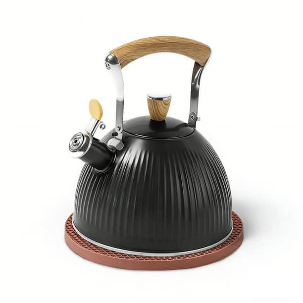 2.5 qt. 10-Cup Stainless Steel Whistling Tea Kettle for Stove Top with Wood Pattern Folding Handle in Black