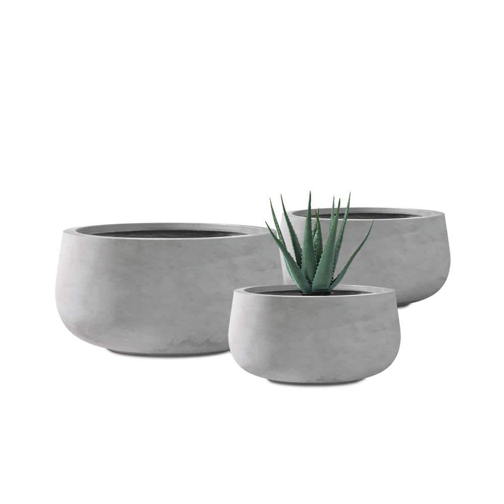 Set of 3 Round Gray Concrete Planters with Drainage