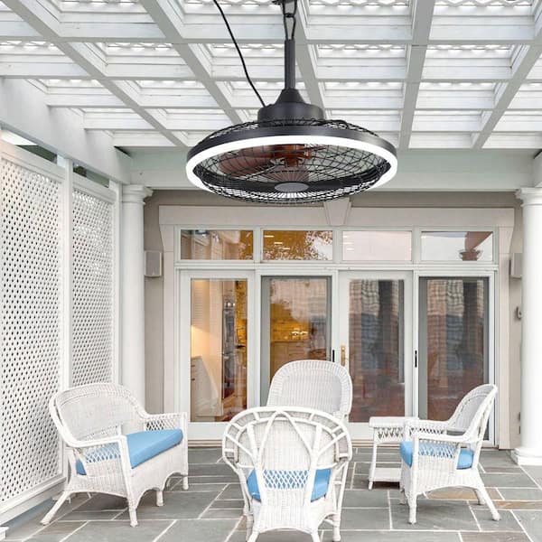 Santa 20 in. Black Down Rod Outdoor Ceiling Fan with LED Light and Remote, Industrial Caged Ceiling Fan