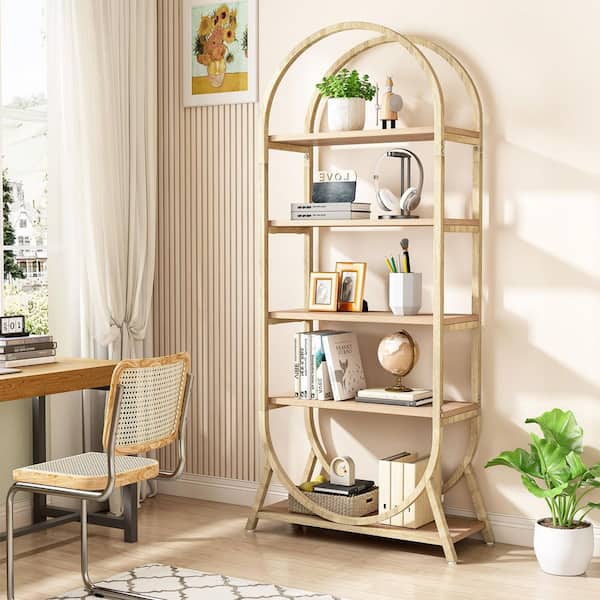BYBLIGHT Eulas Arched 70.9 in. Tall Oak Wood 5-Shelf Modern Bookcase for Living Room