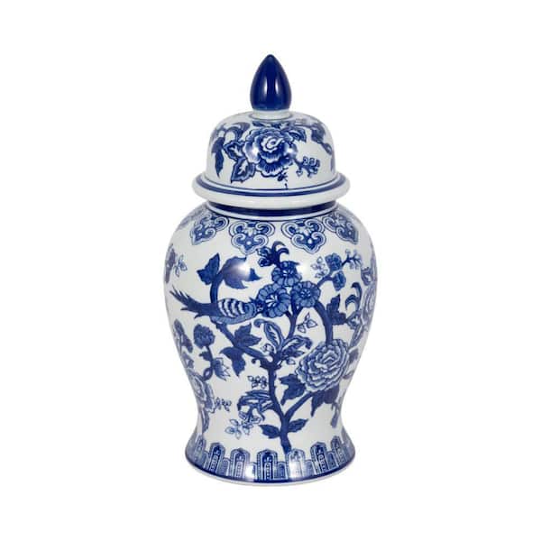 Liv & Skye 14 in. White and Blue Chinoiserie Floral Temple Jar