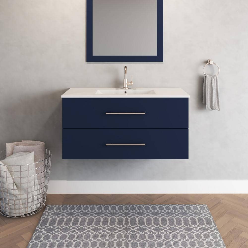 Napa 40 in. W. x 18 in. D Single Sink Bathroom Vanity Wall Mounted in Navy Blue with Ceramic Integrated Countertop price history on PriceWatchPro