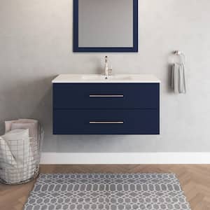 Napa 40 in. W. x 18 in. D Single Sink Bathroom Vanity Wall Mounted in Navy Blue with Ceramic Integrated Countertop