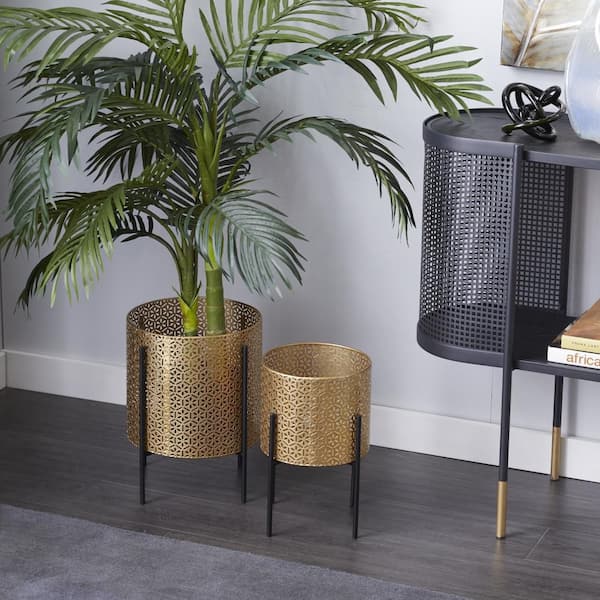 15 in., and 14 in. Medium Gold Metal Indoor Outdoor Planter with Removable Stand (2- Pack)
