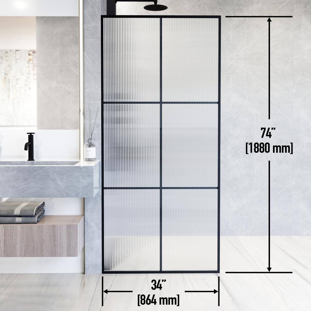 Ventana Matte Black 34" x 74" Framed Shower Screen with Fluted Glass