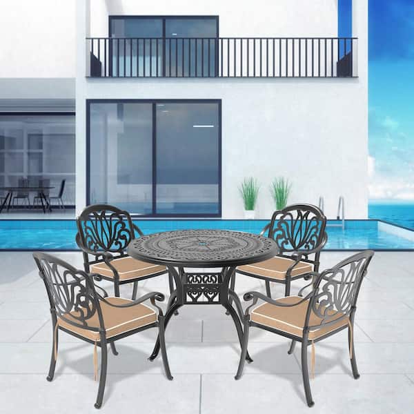 AUTMOON 5-Piece Cast Aluminum Patio Furniture Outdoor Dining Set with Random Color Cushions and Umbrella Hole