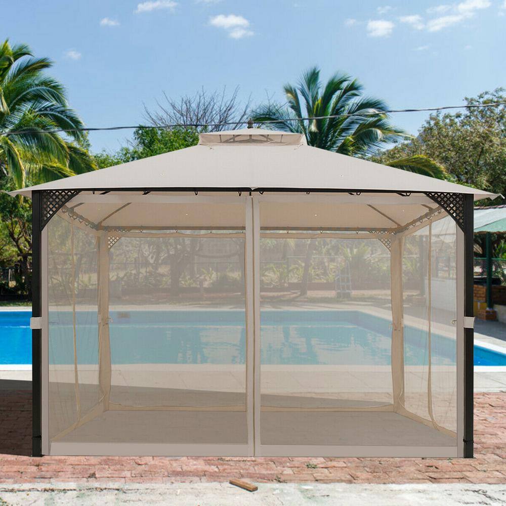 Beige 12' x 10' Steel Frame Patio Gazebo with Netting