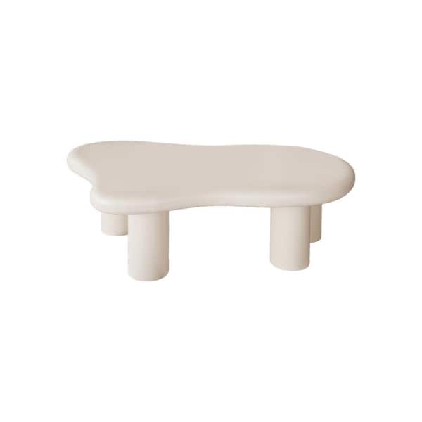 CSC DECOR INC 40 in. Cream White Kidney-Shaped Cloud Wood Coffee Table Tea Table, Irregular Indoor End Table Free Shape with 4 Legs