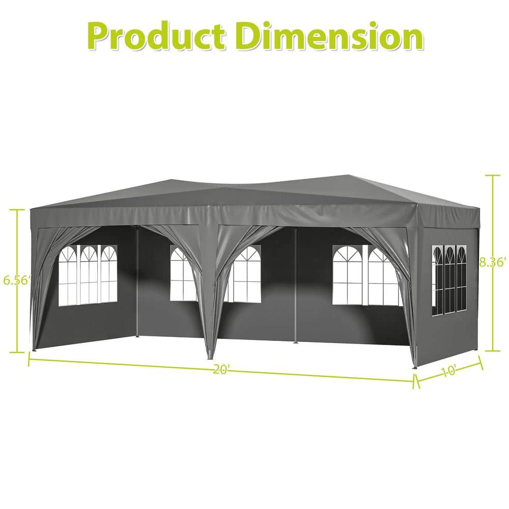 Gray 10'x20' Adjustable Height Pop-Up Canopy Tent with Sidewalls
