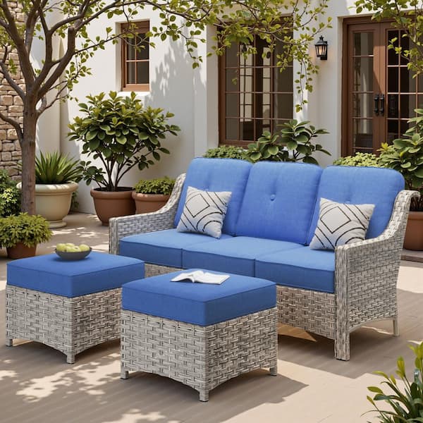 Toject Eureka Grey 3-Piece Modern Wicker Outdoor Patio Conversation Sofa Seating Set with Navy Blue Cushions