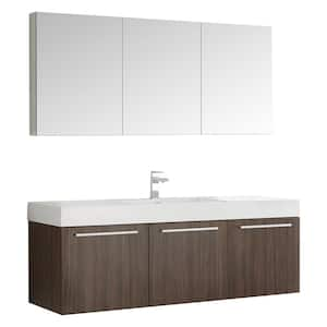 Vista 59 in. Vanity in Walnut with Acrylic Vanity Top in White with White Basin and Mirrored Medicine Cabinet