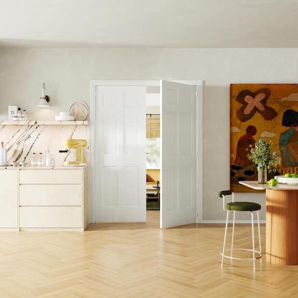 56 in. x 80 in. 6 Panel White Primed Hollow Core MDF. Double Pre-Hung French Door with Quick Assemble Jamb