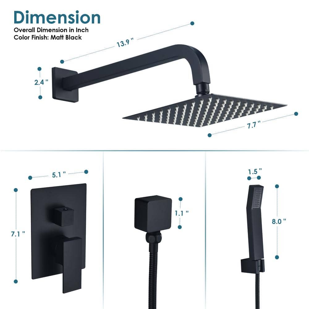 Matte Black Square Multi-Head Rain Shower System with Handheld
