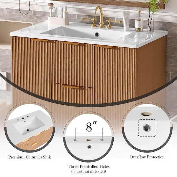 Ziyudura 36 in. Double Sink Floating Natural Wood Bath Vanity with