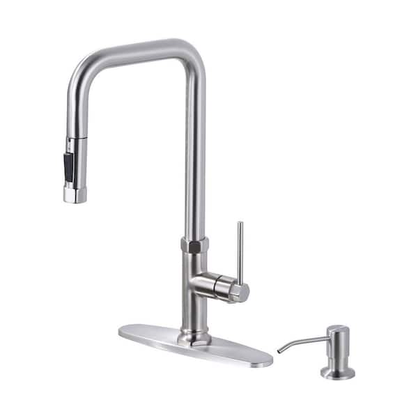 VEVETTA 17 in. Single Handle Pull Down Sprayer Kitchen Faucet with 360° 2-Mode Spray and Soap Dispenser in Brushed Nickel