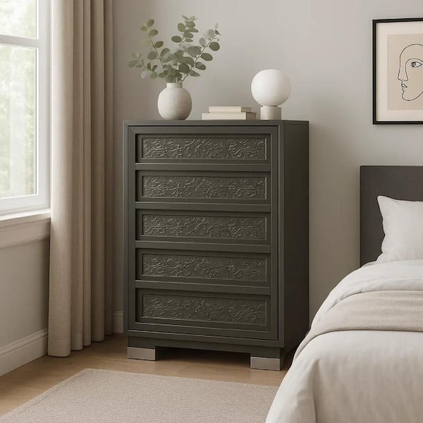 Benjara Levi 5 Drawer Tall Dresser Chest, Dark Gray Solid Wood, Bedroom Storage