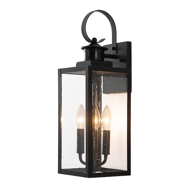 C Cattleya 19 in. Motion Sensing Dusk to Dawn Black Outdoor Hardwired Wall Lantern Sconce with Seeded Glass and No Bulbs Included