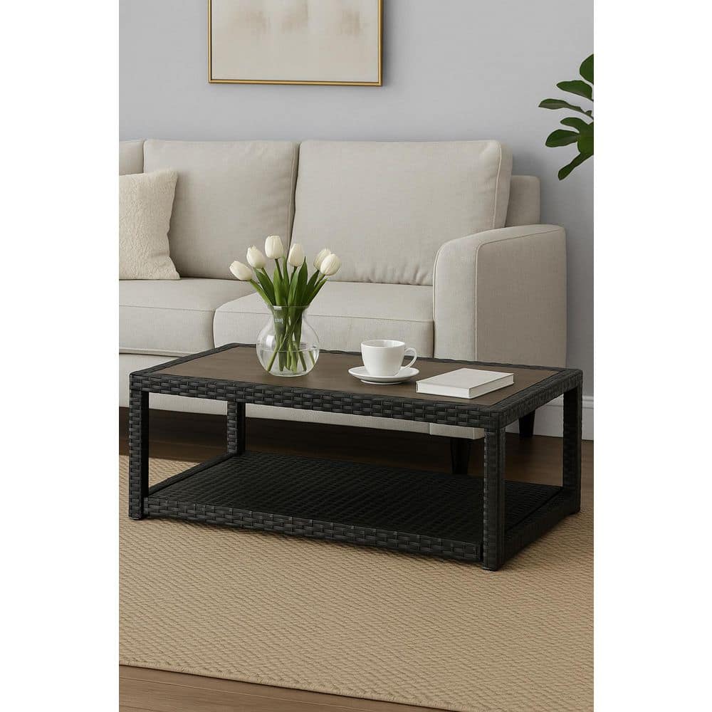 46 in. Espresso Rectangle Metal Top Coffee Table with Storage Shelf