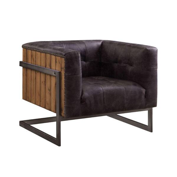 Benjara Brown Leather Accent Chair with Wooden Frame