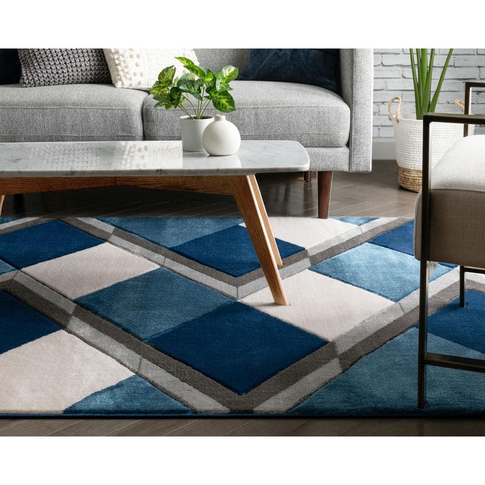 Modern Geometric Blue Synthetic 5' x 7' Easy-Care Area Rug