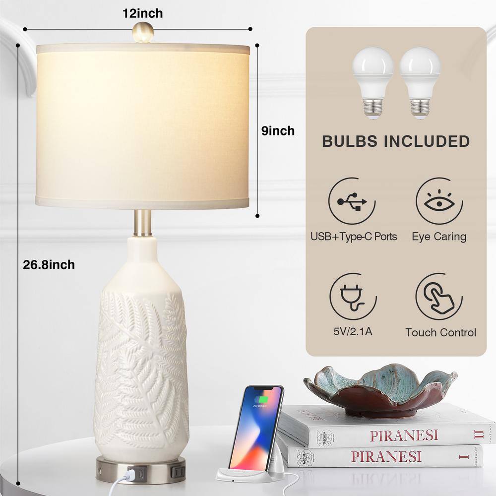White Ceramic Table Lamps Set with Linen Shades and USB Ports