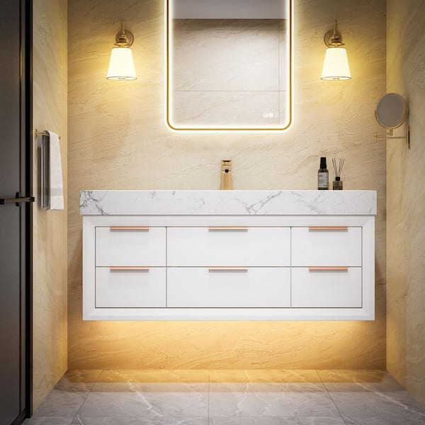 Solidoak 48 in. W x 20.9 in. D x 21.3 in. H Single Sink Bath Vanity in White with White Cultured Marble Top, night light