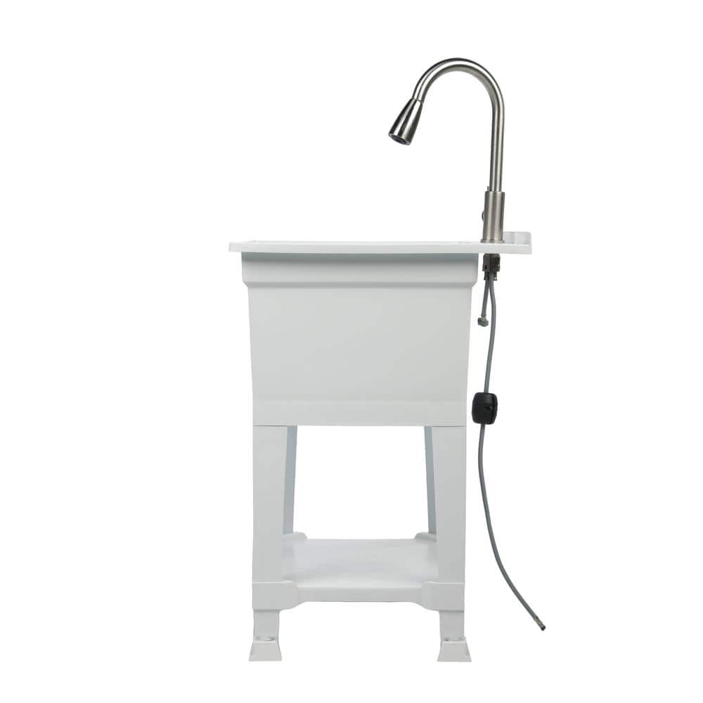 24-Inch White Polypropylene Freestanding Utility Sink with Stainless Steel Faucet