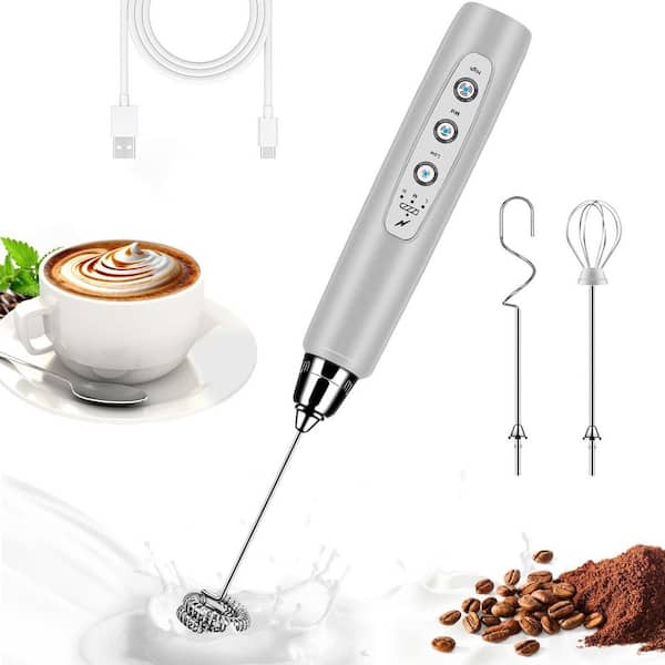 Silver Electric Milk Frother Handheld 3 Speed Stainless Whisks Drink Mixer for Latte Cappuccino Matcha Egg