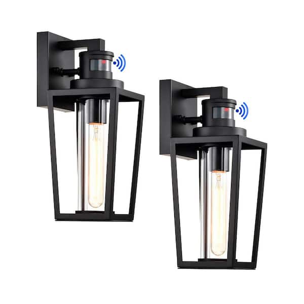 13 in. 1-Light Matte Black Motion Sensing Dusk to Dawn Non-Solar Cylinder Outdoor Wall Sconce with Clear Glass(2-Pack)
