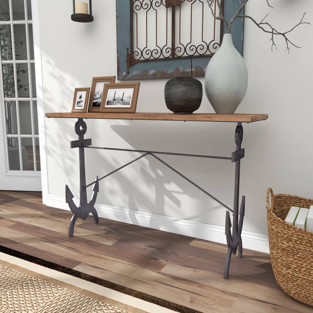 Black Solid Anchor Coastal Console Table with Brown Wood Top, 48"W x 31"H