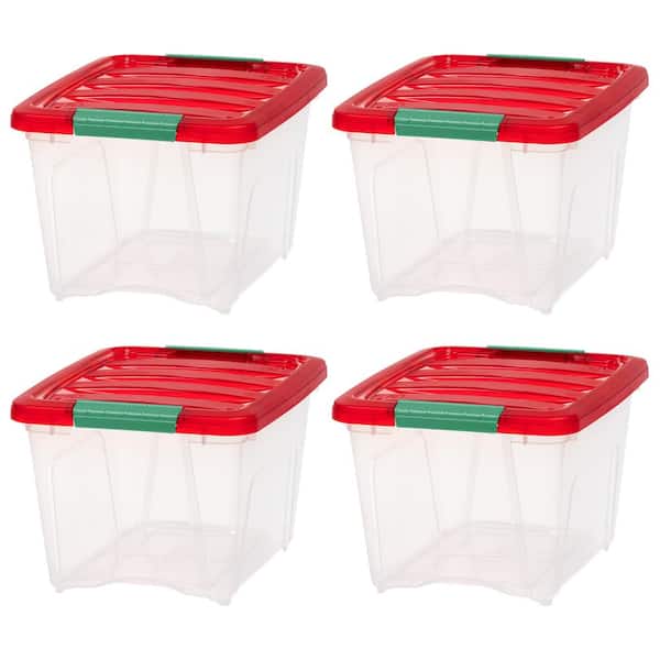 19 qt. Holiday Storage Buckled Clear Box, Clear Body with Red Lid and Elf Green Buckles (4-Pack)