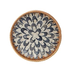 11.8 in. Round Rattan Serving Tray with Mother of Pearl Inlay for Table Decor and Bread Food Fruit Storage, Plume