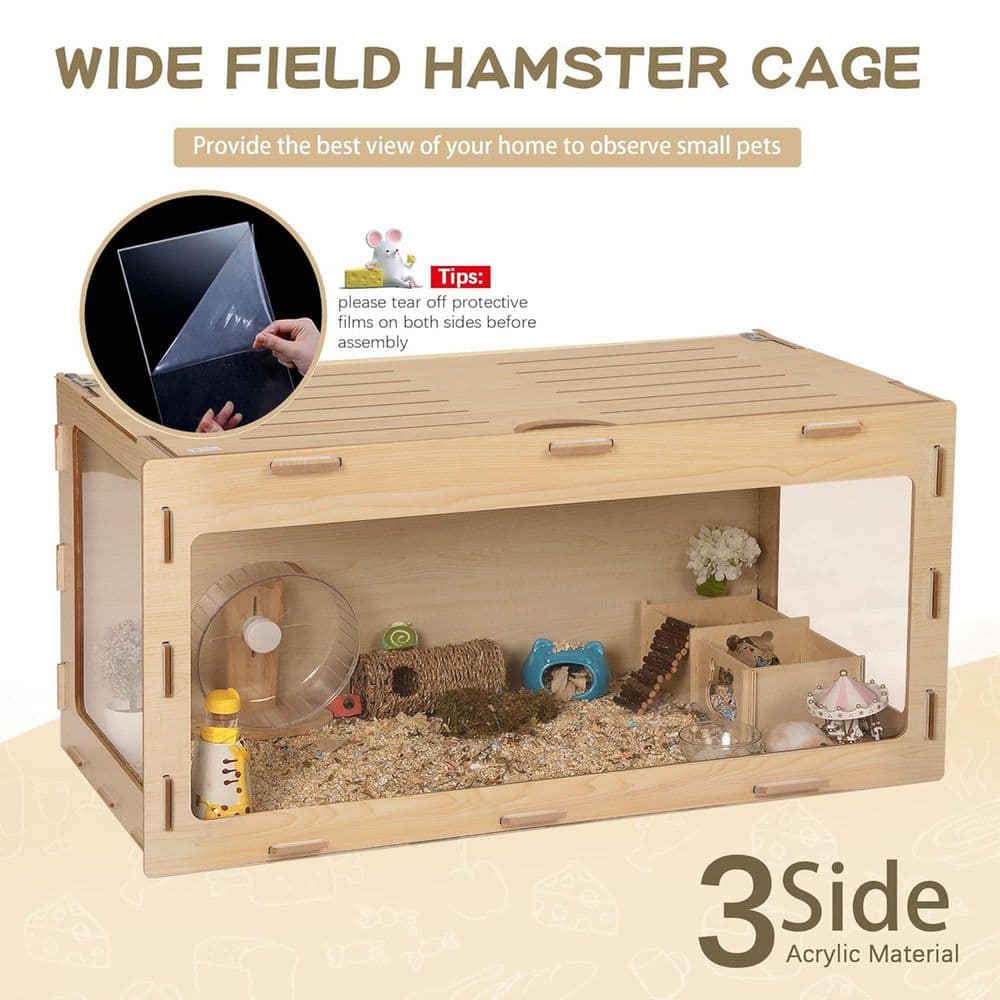 Natural Wood Large Hamster Cage with Acrylic Panels
