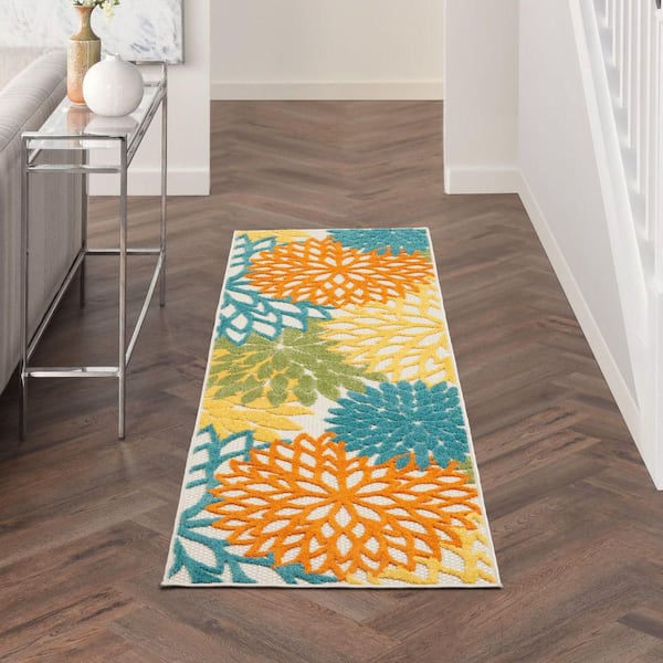 Aloha Turquoise Multicolor 2 ft. x 8 ft. Kitchen Runner Floral Contemporary Indoor/Outdoor Patio Area Rug