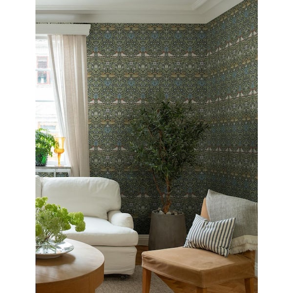 Green Bird Multicolor Floral Thicket Wallpaper